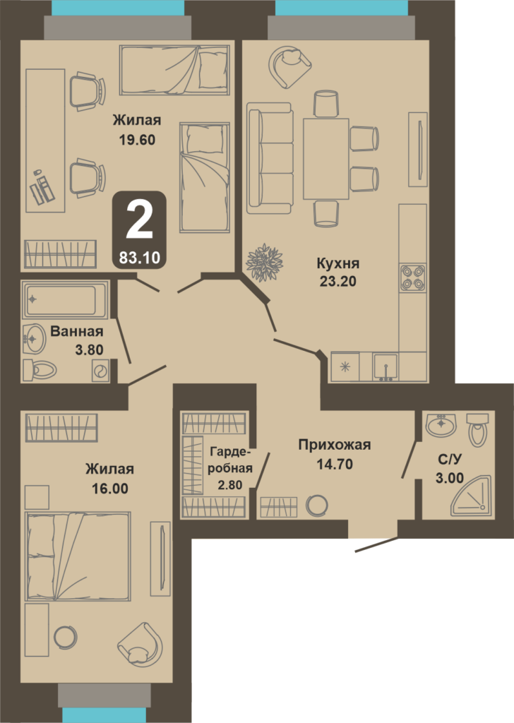 2-комнатная квартира, 83,1 кв.м.
