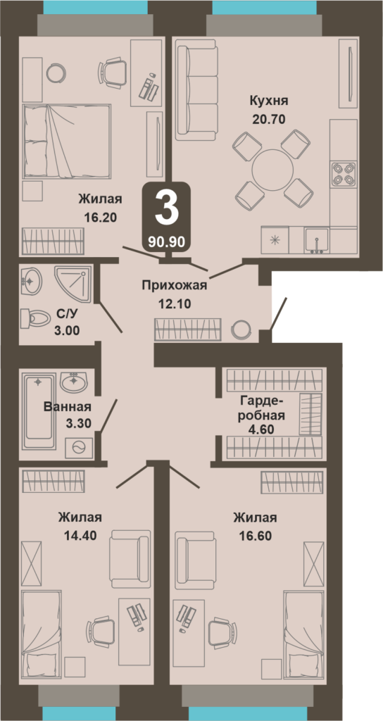 3-комнатная квартира, 90,9 кв.м.