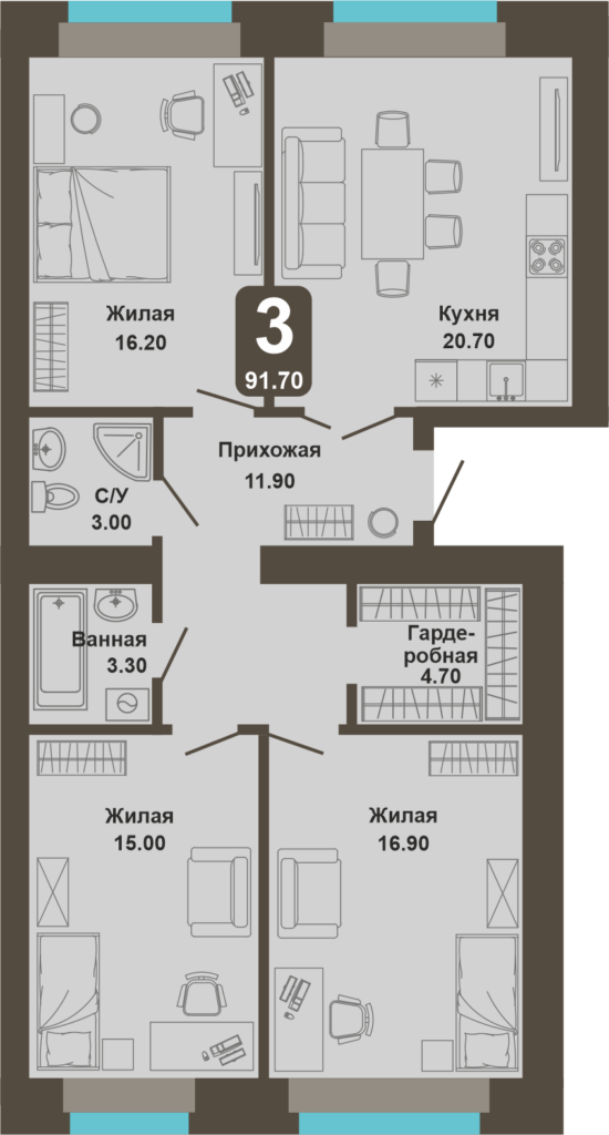 3-комнатная квартира, 91,7 кв.м.