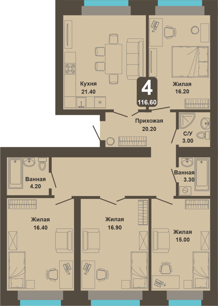 4-комнатная квартира, 116,6 кв.м.