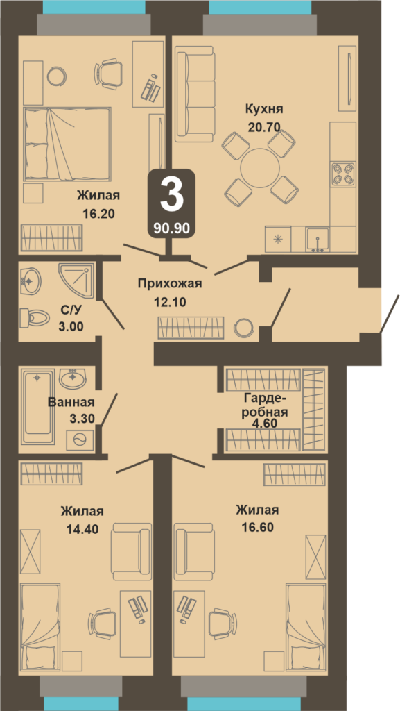 3-комнатная квартира, 90,9 кв.м.