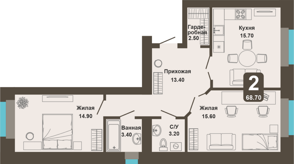 2-комнатная квартира, 68,7 кв.м.