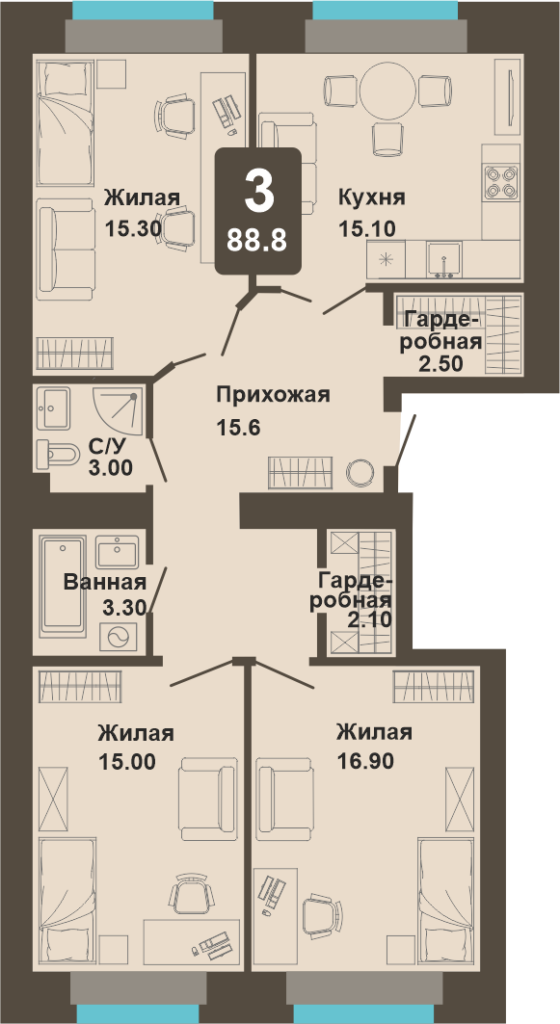 3-комнатная квартира, 88,8 кв.м.