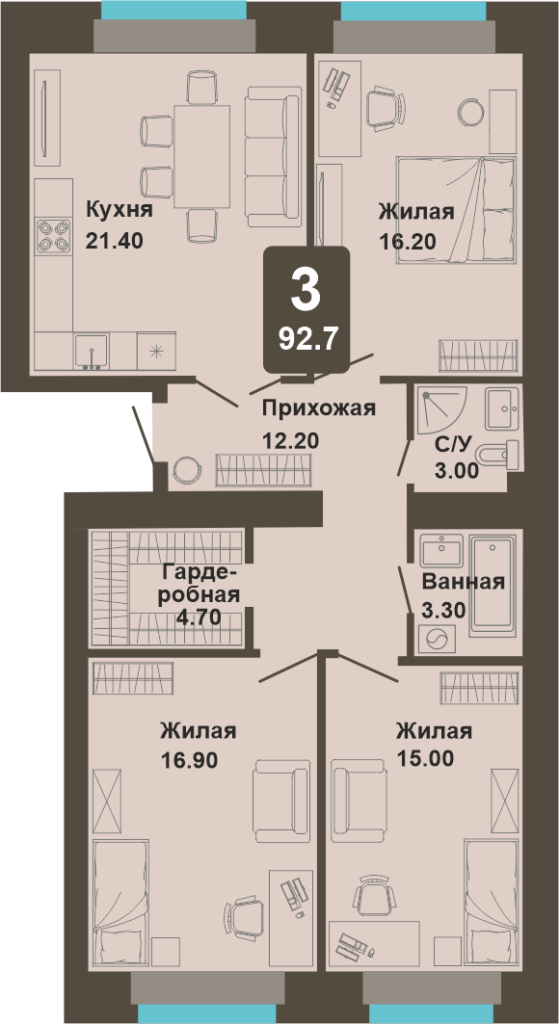 3-комнатная квартира, 92,7 кв.м.