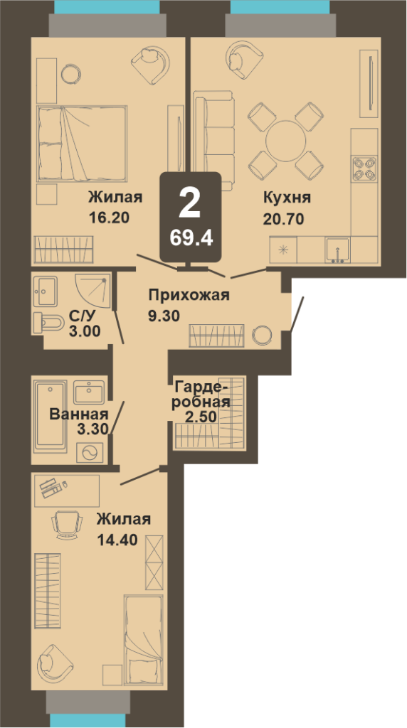 2-комнатная квартира, 69,4 кв.м.