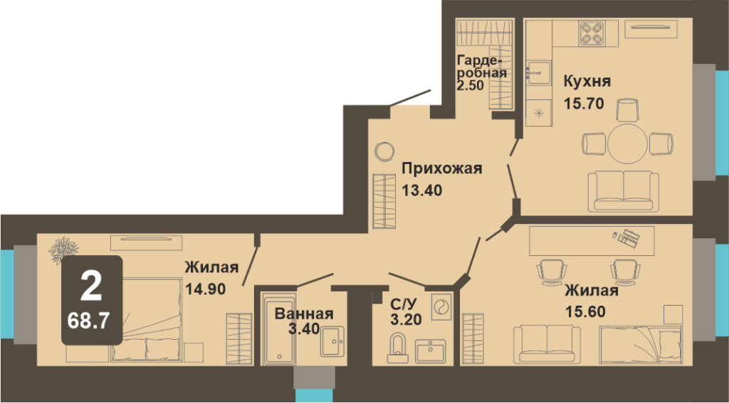 2-комнатная квартира, 68,7 кв.м.
