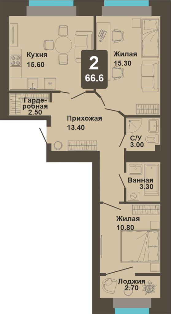 2-комнатная квартира, 66,6 кв.м.