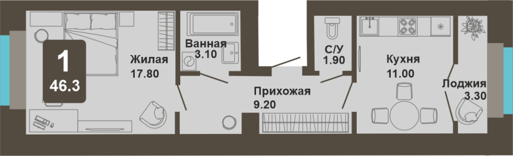 1-комнатная квартира, 46,3 кв.м.