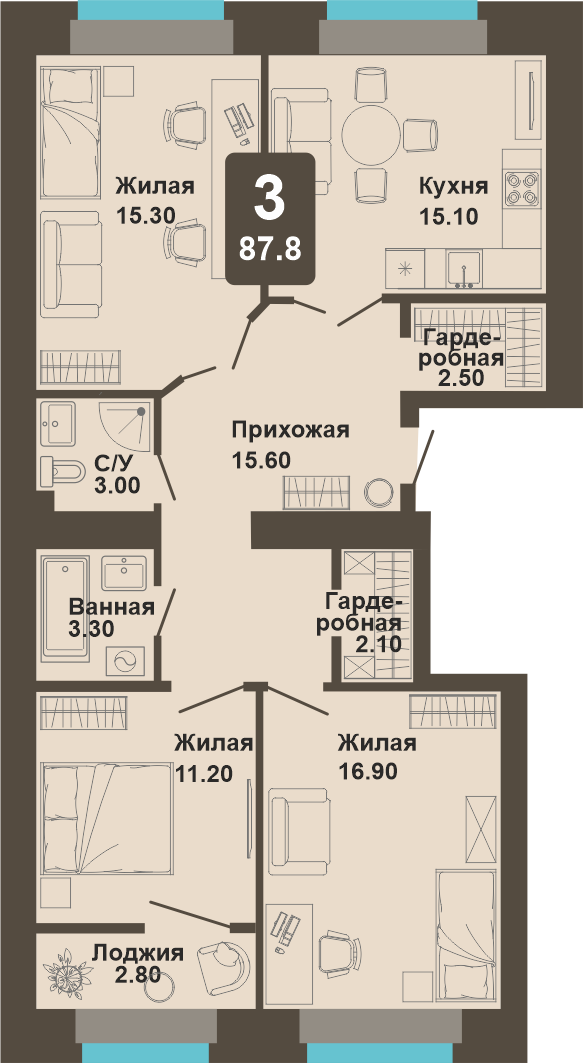 3-комнатная квартира, 87,8 кв.м.